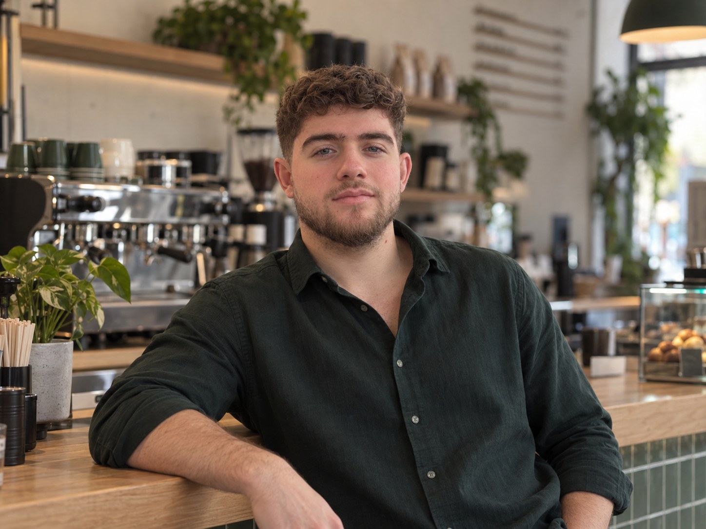 Pelayo Fernández, fundador de Escandea, apoyado en la barra de una cafetería